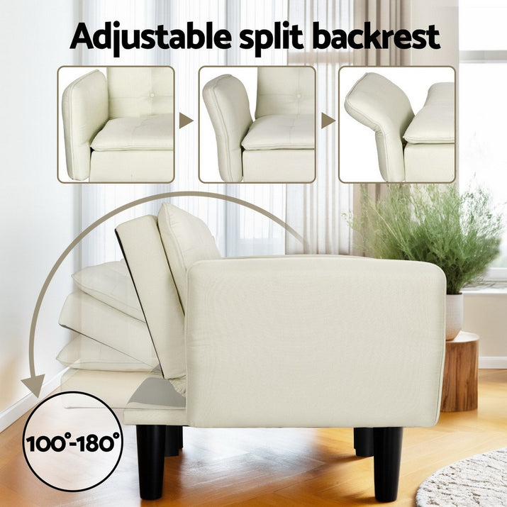 Artiss Sofa Bed Lounge Futon Couch Bed Adjustable Tufted 3 Seater Fabric Beige