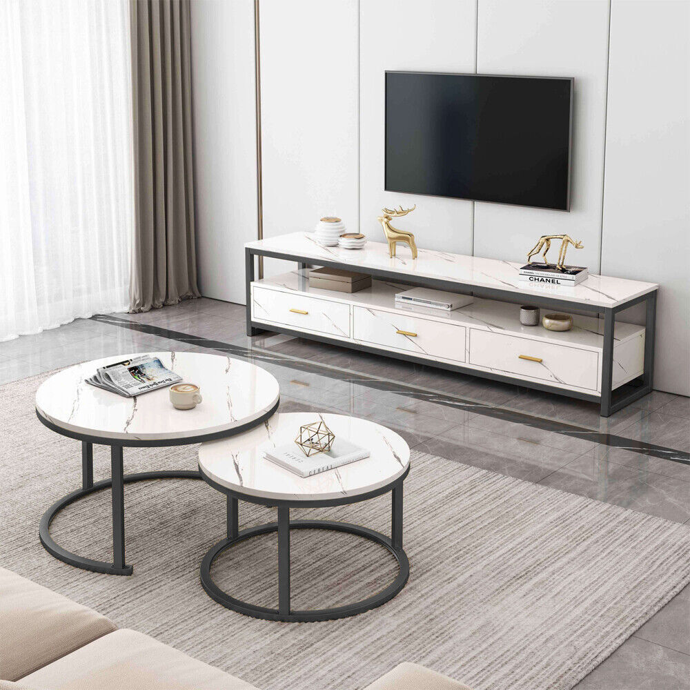Emilia TV Cabinet & 2In1 Coffee Table Set Luxury Marble Look Wood Bronze Storage