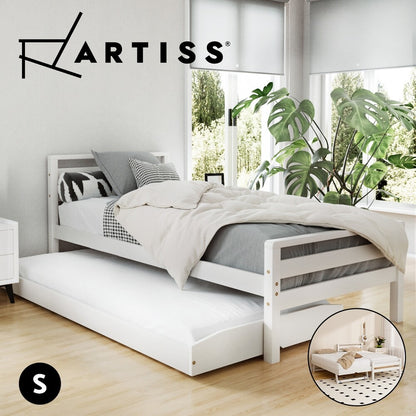 Artiss Bed Frame 2X Single Size 2-In-1 Trundle Wooden Mattress Base White AVIS