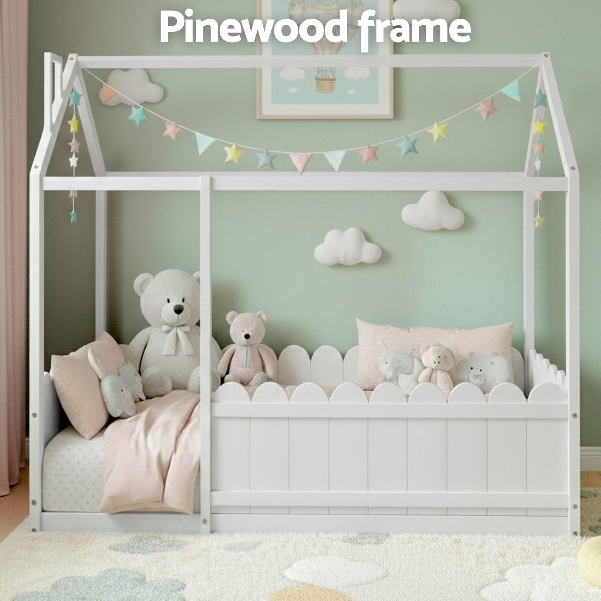 Artiss Bed Frame Kids Timber Single Wooden Mattress Base House Platform White