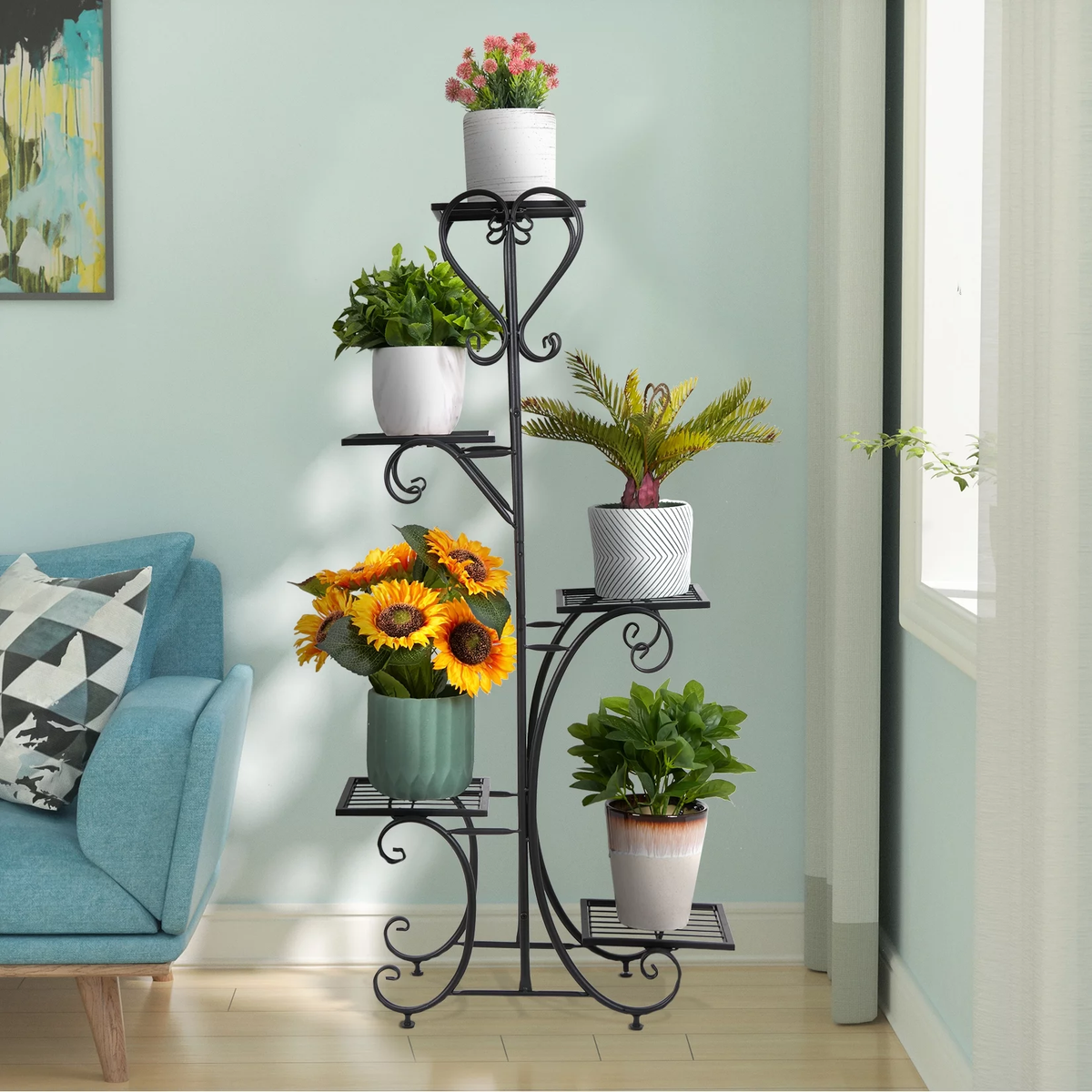Metal Plant Shelf Flower Display Stand Garden Planter Holder with 5 Tier Shelves Indoor (Black)