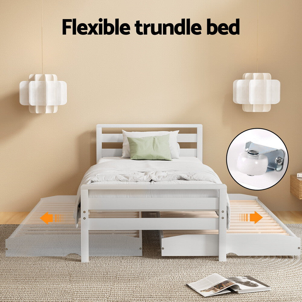 Artiss Bed Frame 2X Single Size 2-In-1 Trundle Wooden Mattress Base White AVIS
