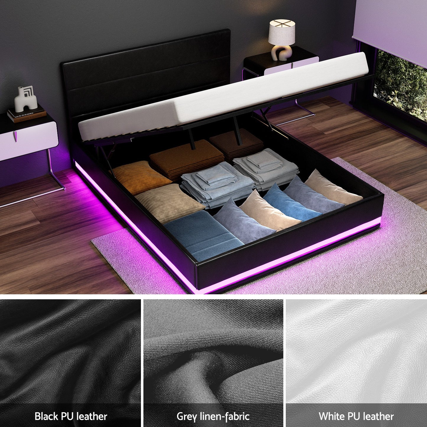 Artiss Bed Frame Queen Double King Single RGB LED Gas Lift Base Storage LUMI