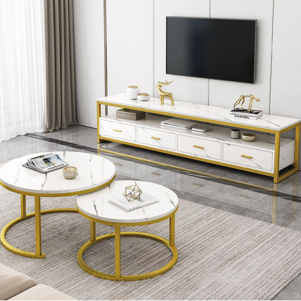 Emilia TV Cabinet & 2In1 Coffee Table Set Luxury Marble Look Wood Bronze Storage