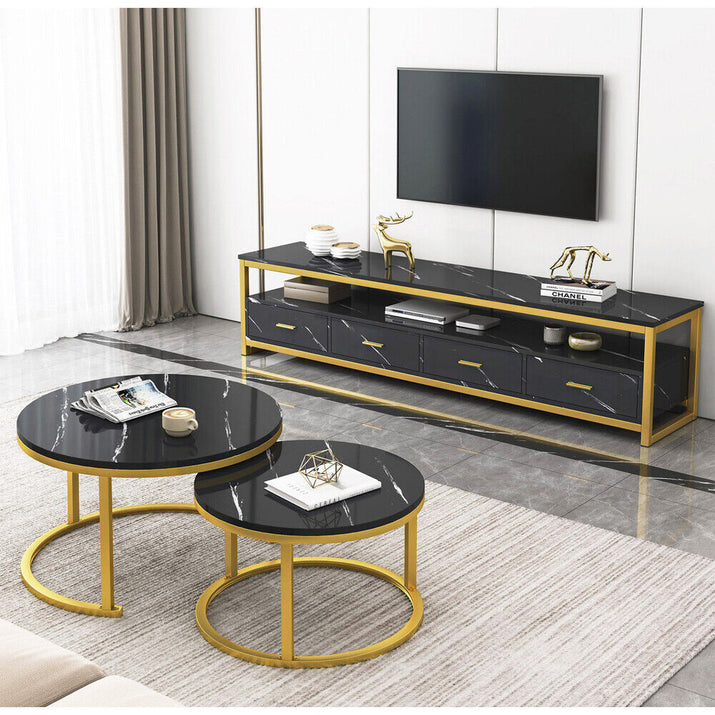 Emilia TV Cabinet & 2In1 Coffee Table Set Luxury Marble Look Wood Bronze Storage