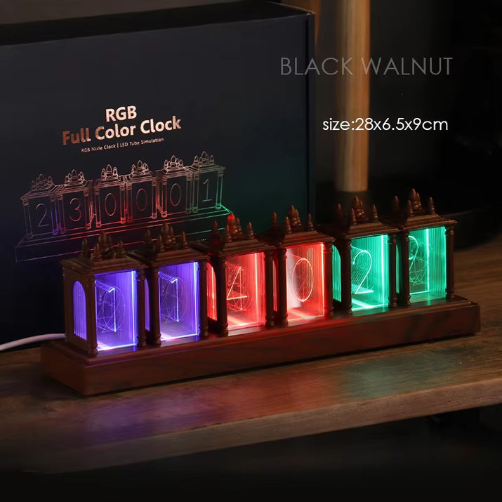 LED Digital Clock Nixie Tube Clock RGB Glow Tube Clock Walnut Wood Night Light Digital Alarm Atomosphere Lamp Clock Timer Gift