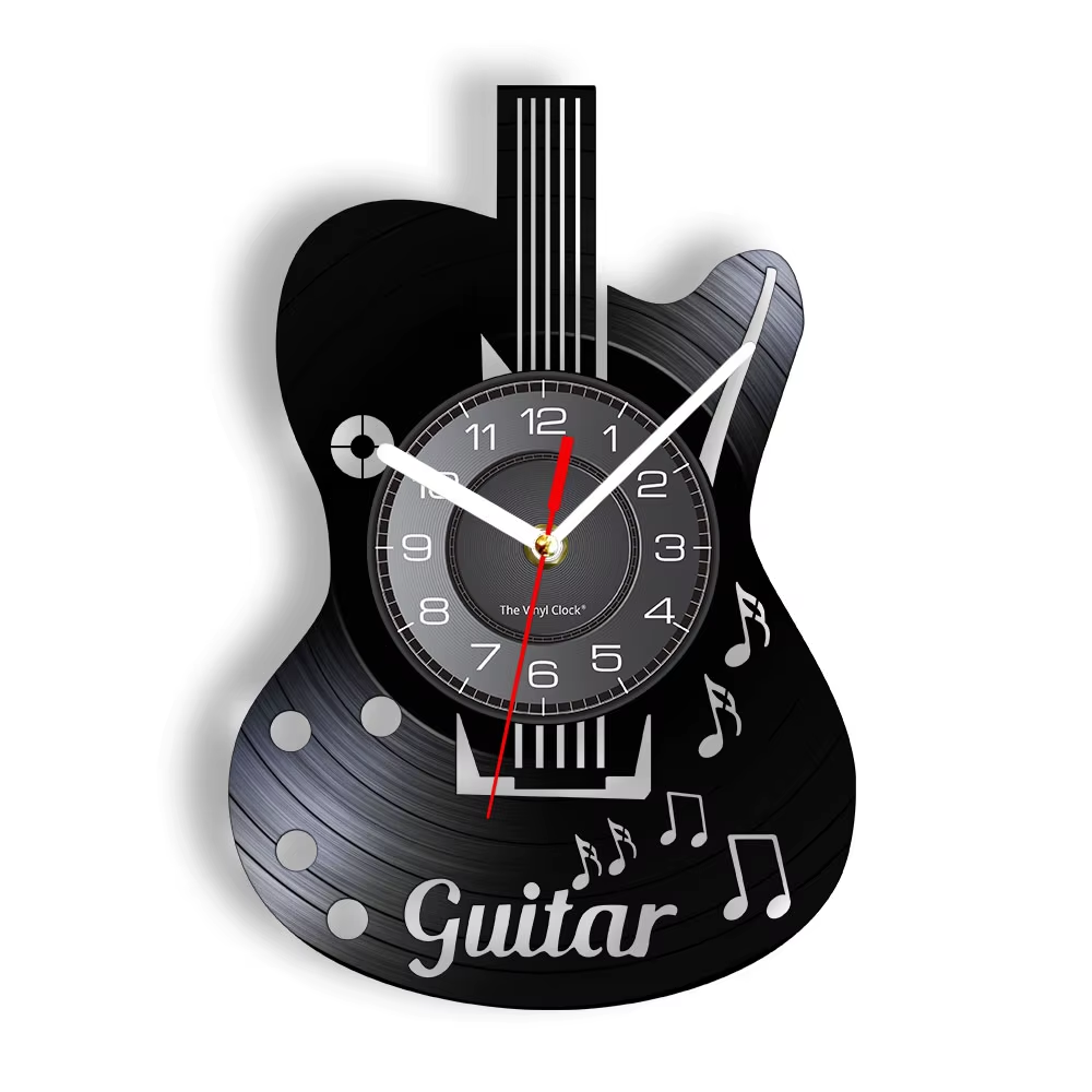 Acoustic Guitar Wall Art Wall Clock Musical Instrument Home Interior Wall Decor Vinyl Record Wall Clock Rock N Roll Musical Gift