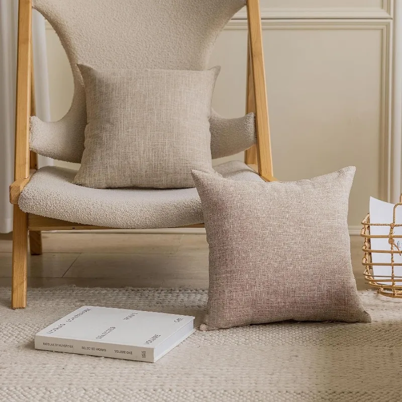 2Pcs Set Linen Pillow Covers 18X18Inch Burlap Beige Throw Pillows Cover for Couch Living Room Bench Patio Floor Linen Home Decor