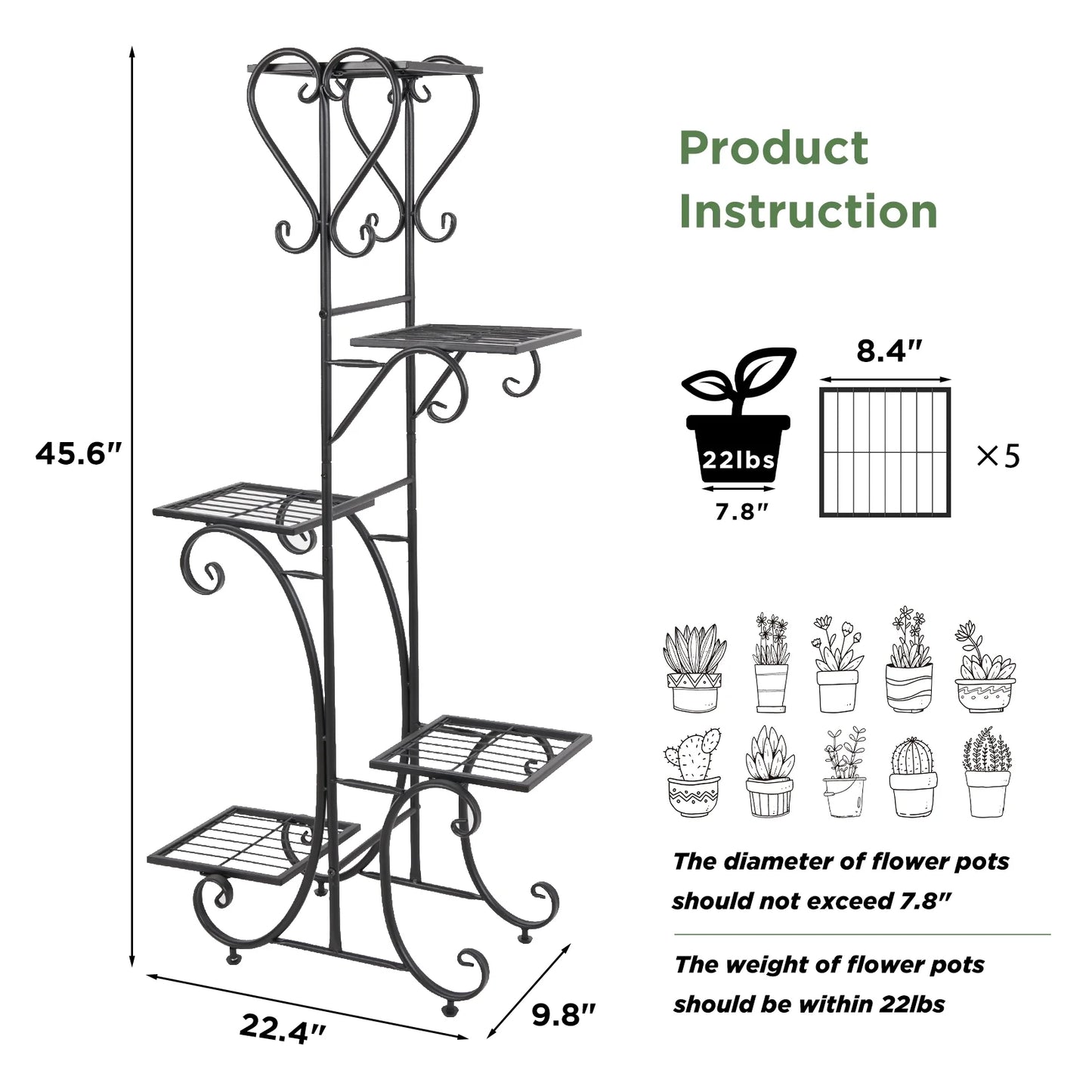Metal Plant Shelf Flower Display Stand Garden Planter Holder with 5 Tier Shelves Indoor (Black)