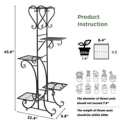 Metal Plant Shelf Flower Display Stand Garden Planter Holder with 5 Tier Shelves Indoor (Black)