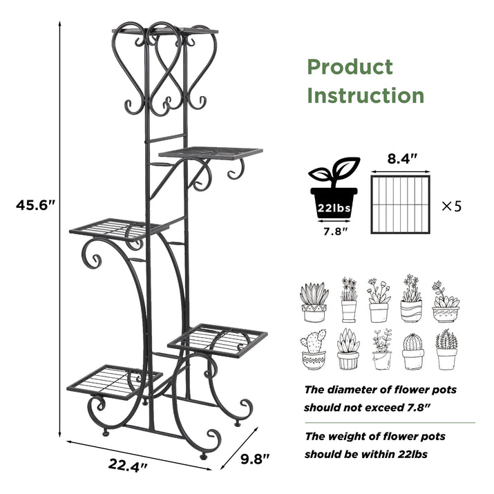 Metal Plant Shelf Flower Display Stand Garden Planter Holder with 5 Tier Shelves Indoor (Black)