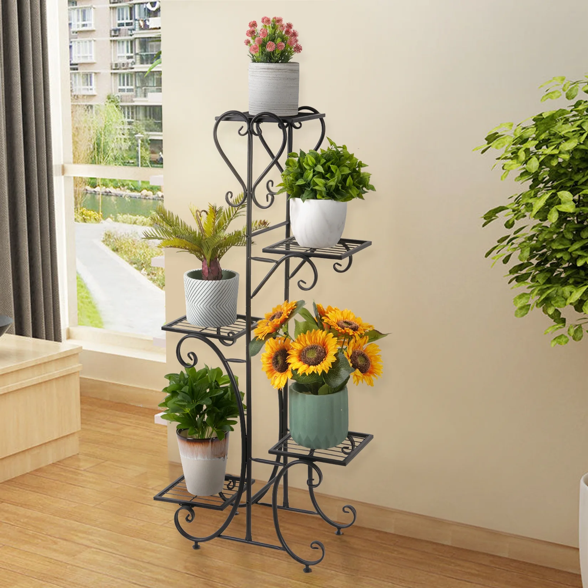 Metal Plant Shelf Flower Display Stand Garden Planter Holder with 5 Tier Shelves Indoor (Black)