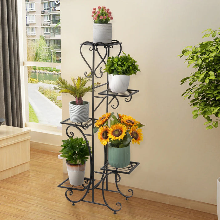 Metal Plant Shelf Flower Display Stand Garden Planter Holder with 5 Tier Shelves Indoor (Black)