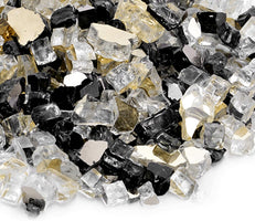 10-Pound Blended Fire Glass for Fire Pit Fireplace Landscaping - 1/2 Inch Reflective Tempered Fireglass Onyx Black, Platinum, Gold