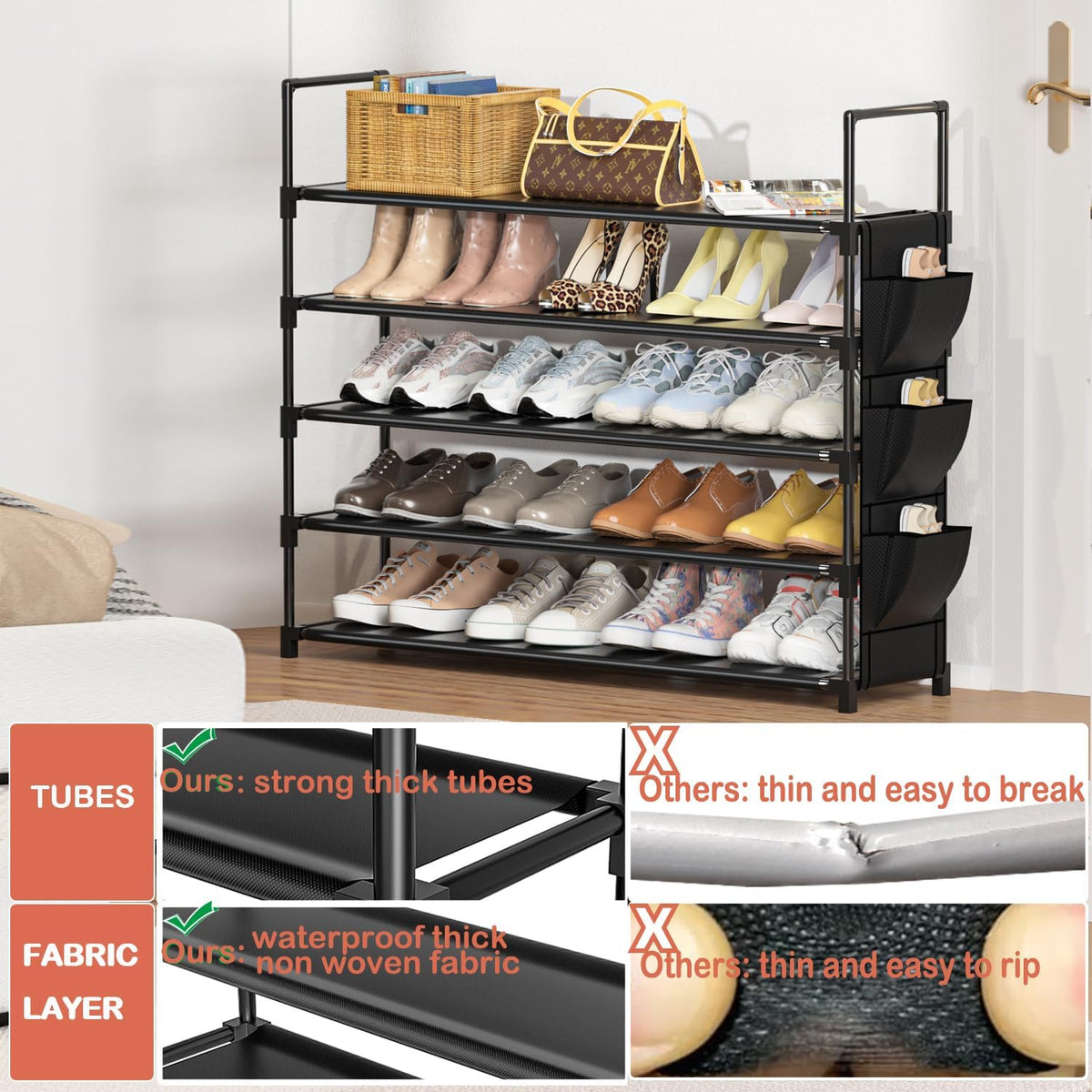5 Tier Shoe Organizer Rack for Closet, Entryway, Garage, Door, Space Saving, Shoe Holder Stand/Tower, Large, 20-25 Capacity