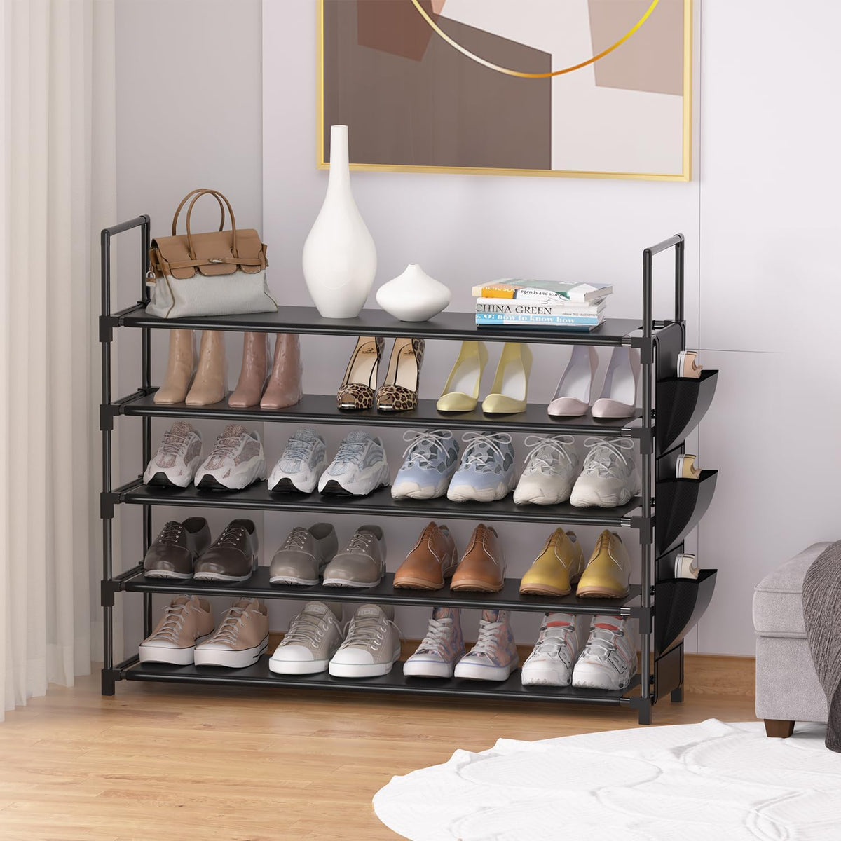 5 Tier Shoe Organizer Rack for Closet, Entryway, Garage, Door, Space Saving, Shoe Holder Stand/Tower, Large, 20-25 Capacity