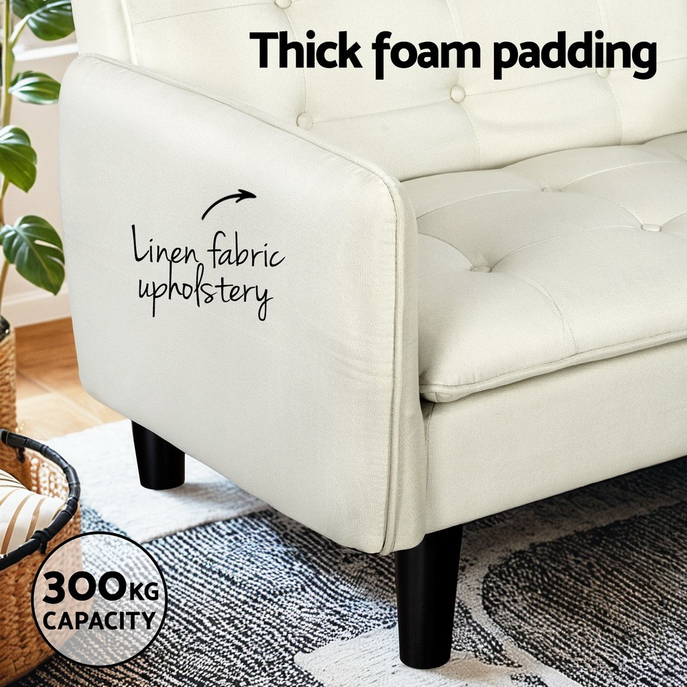 Artiss Sofa Bed Lounge Futon Couch Bed Adjustable Tufted 3 Seater Fabric Beige