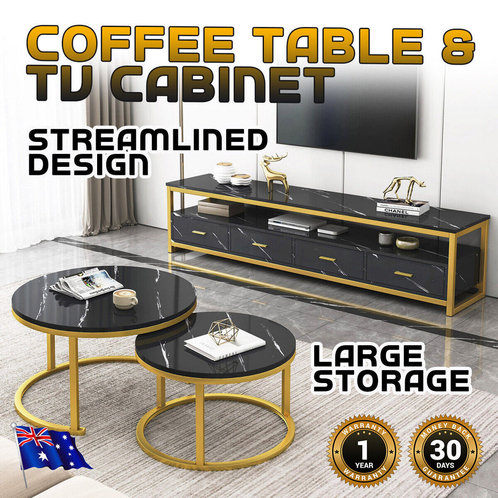 Emilia TV Cabinet & 2In1 Coffee Table Set Luxury Marble Look Wood Bronze Storage