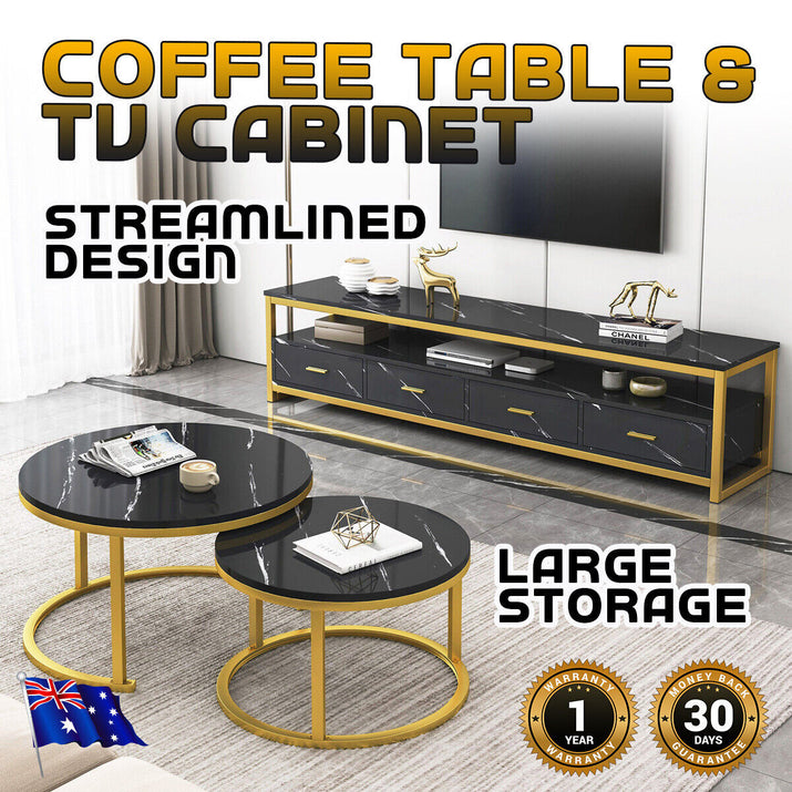 Emilia TV Cabinet & 2In1 Coffee Table Set Luxury Marble Look Wood Bronze Storage