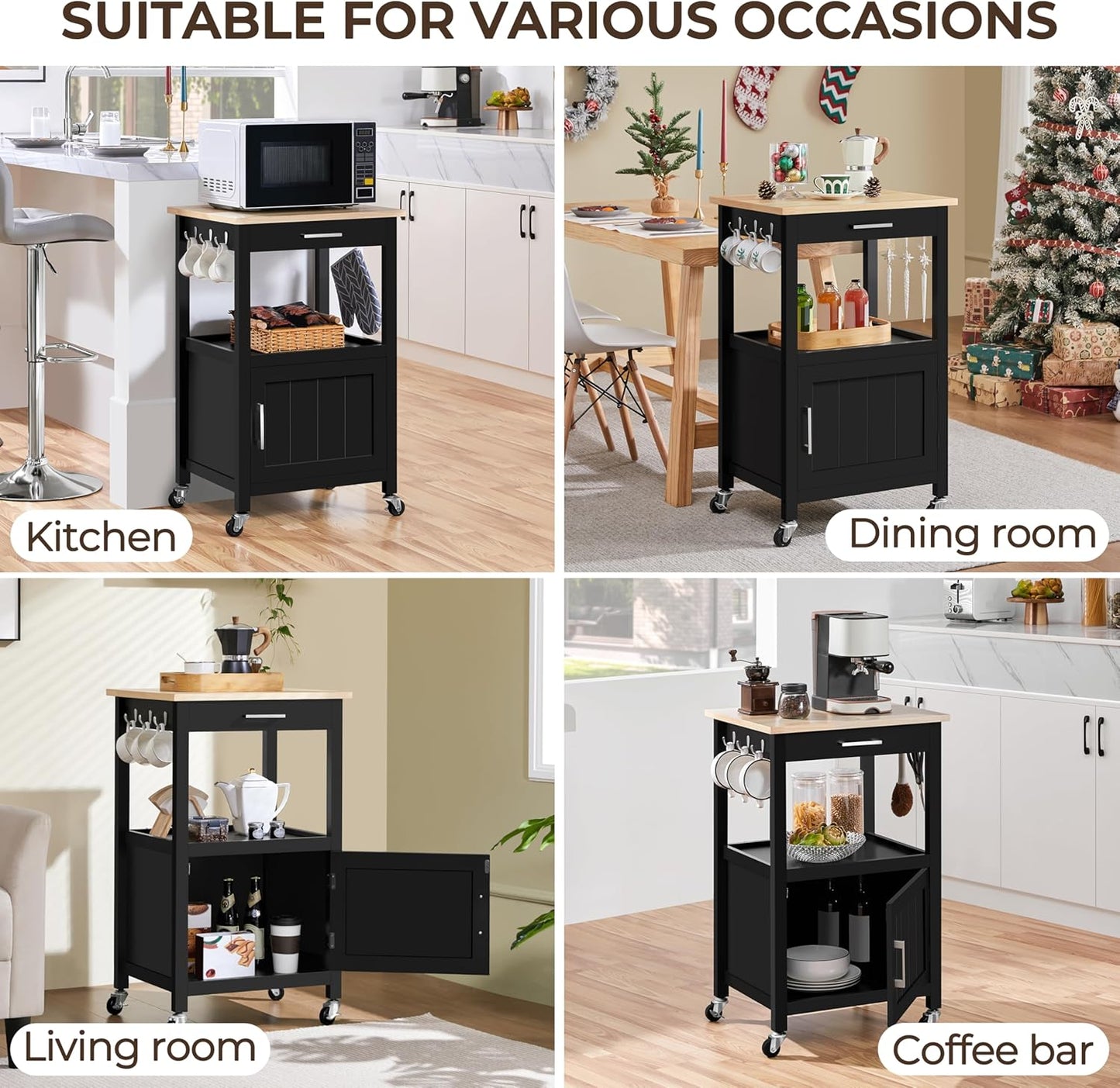 Kitchen Island Cart with Storage, Rolling Kitchen Island on Wheels with 6 Side Hooks, Wood Top Microwave Cart with Drawer for Dining Room, Black