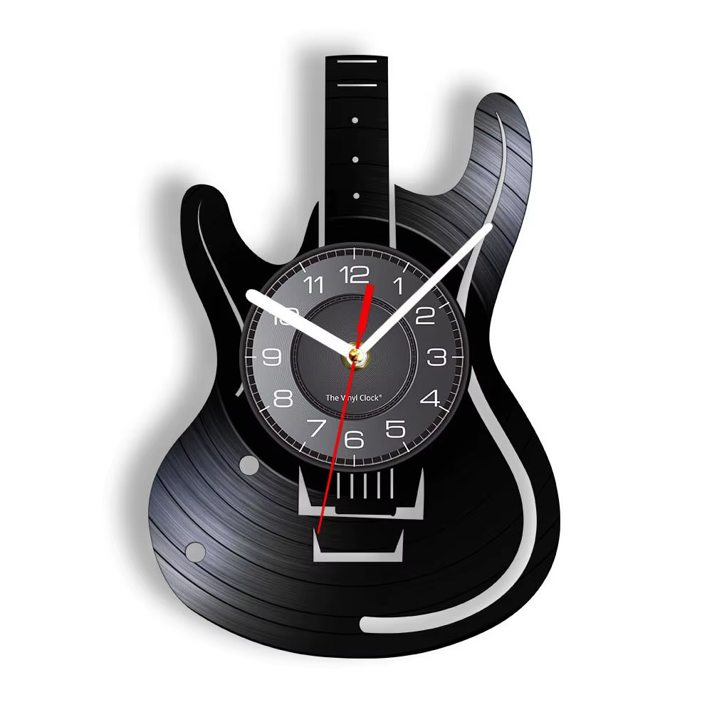 Acoustic Guitar Wall Art Wall Clock Musical Instrument Home Interior Wall Decor Vinyl Record Wall Clock Rock N Roll Musical Gift
