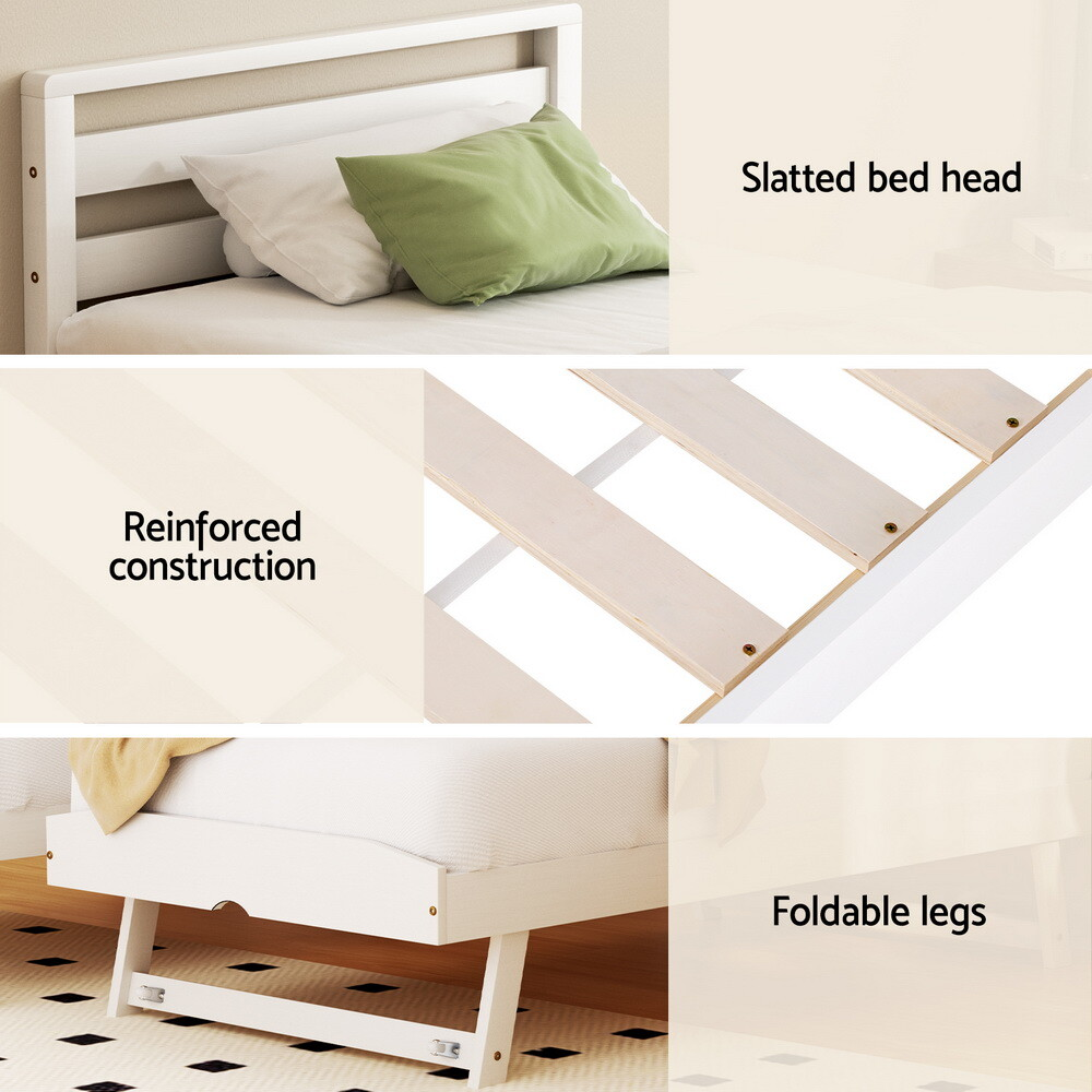 Artiss Bed Frame 2X Single Size 2-In-1 Trundle Wooden Mattress Base White AVIS