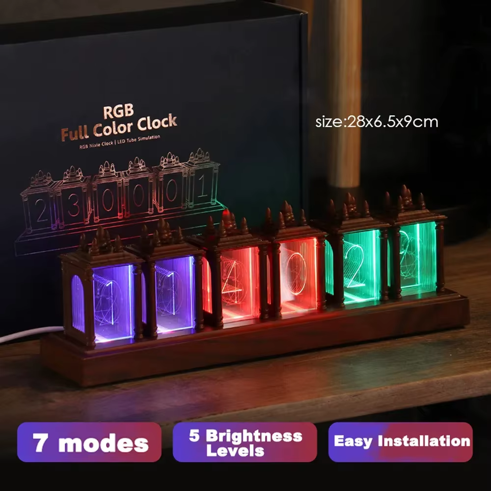 LED Digital Clock Nixie Tube Clock RGB Glow Tube Clock Walnut Wood Night Light Digital Alarm Atomosphere Lamp Clock Timer Gift