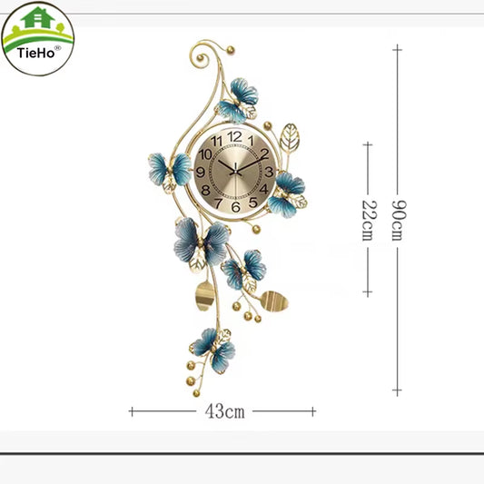 Tieho-Digital Large Wall Clock for Living Room, Luxury Metal Art Hanging, TV Back Wall Decor, Butterfly Vintage Timer