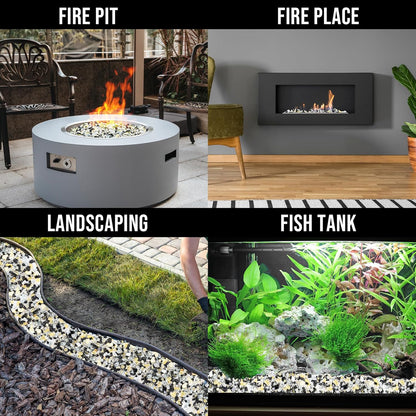 10-Pound Blended Fire Glass for Fire Pit Fireplace Landscaping - 1/2 Inch Reflective Tempered Fireglass Onyx Black, Platinum, Gold