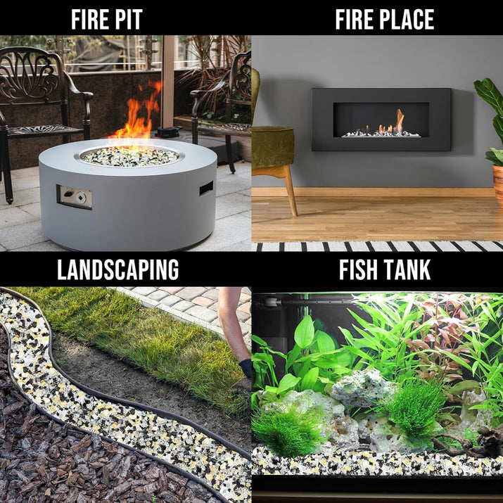 10-Pound Blended Fire Glass for Fire Pit Fireplace Landscaping - 1/2 Inch Reflective Tempered Fireglass Onyx Black, Platinum, Gold