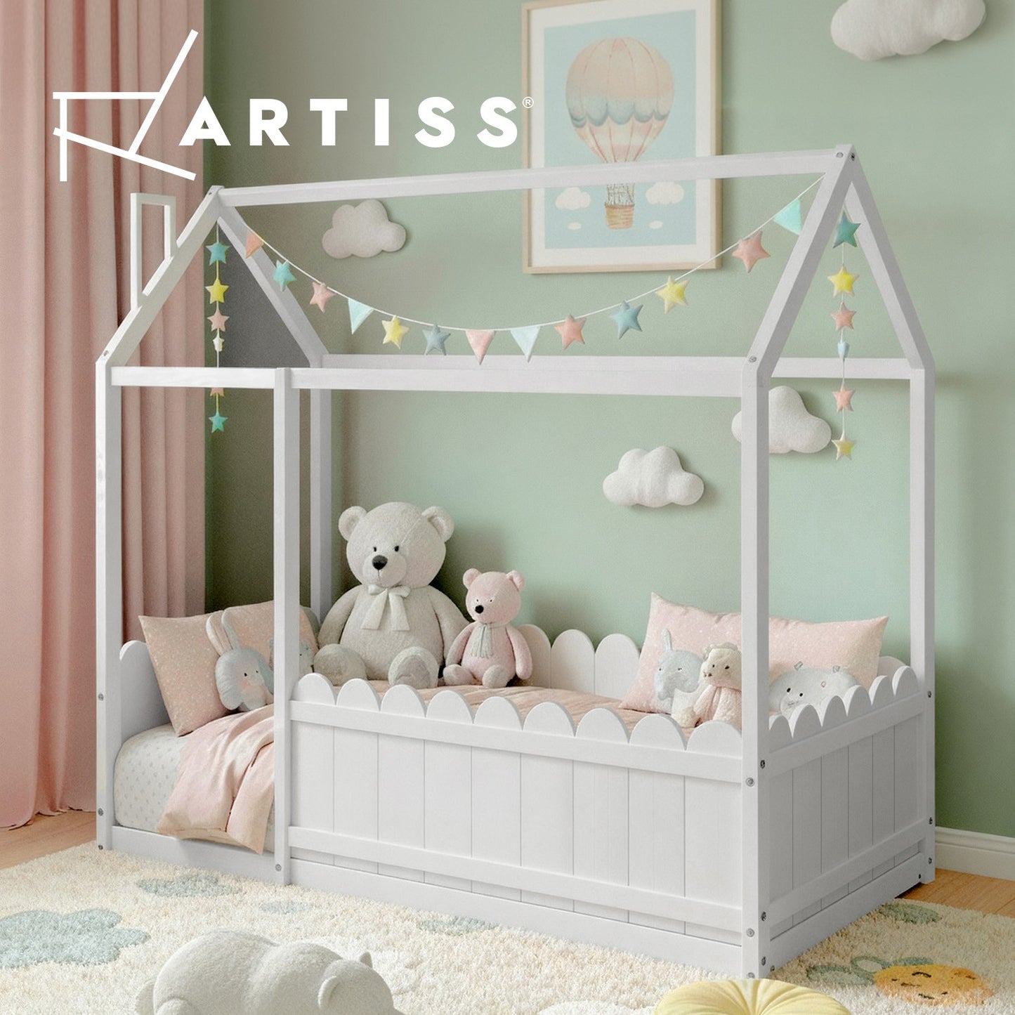 Artiss Bed Frame Kids Timber Single Wooden Mattress Base House Platform White