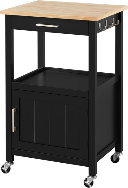 Kitchen Island Cart with Storage, Rolling Kitchen Island on Wheels with 6 Side Hooks, Wood Top Microwave Cart with Drawer for Dining Room, Black