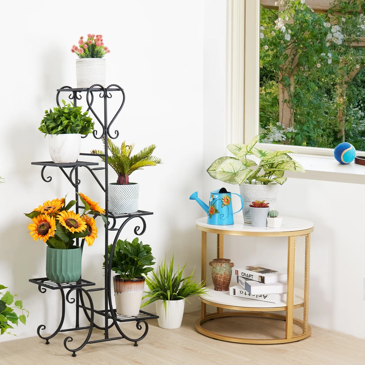 Metal Plant Shelf Flower Display Stand Garden Planter Holder with 5 Tier Shelves Indoor (Black)