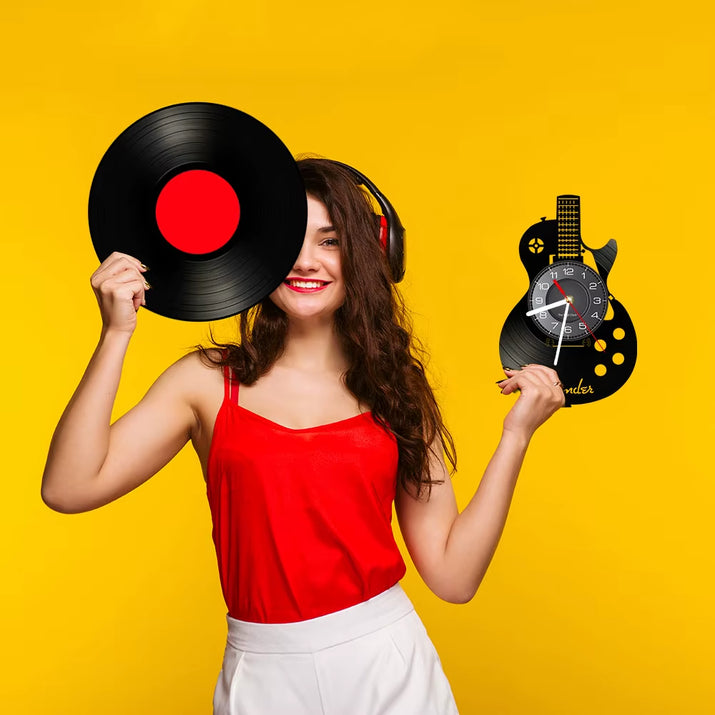 Acoustic Guitar Wall Art Wall Clock Musical Instrument Home Interior Wall Decor Vinyl Record Wall Clock Rock N Roll Musical Gift
