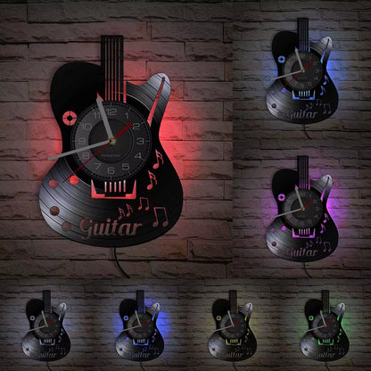 Acoustic Guitar Wall Art Wall Clock Musical Instrument Home Interior Wall Decor Vinyl Record Wall Clock Rock N Roll Musical Gift