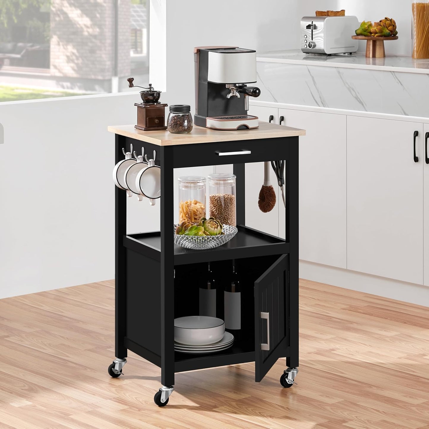 Kitchen Island Cart with Storage, Rolling Kitchen Island on Wheels with 6 Side Hooks, Wood Top Microwave Cart with Drawer for Dining Room, Black