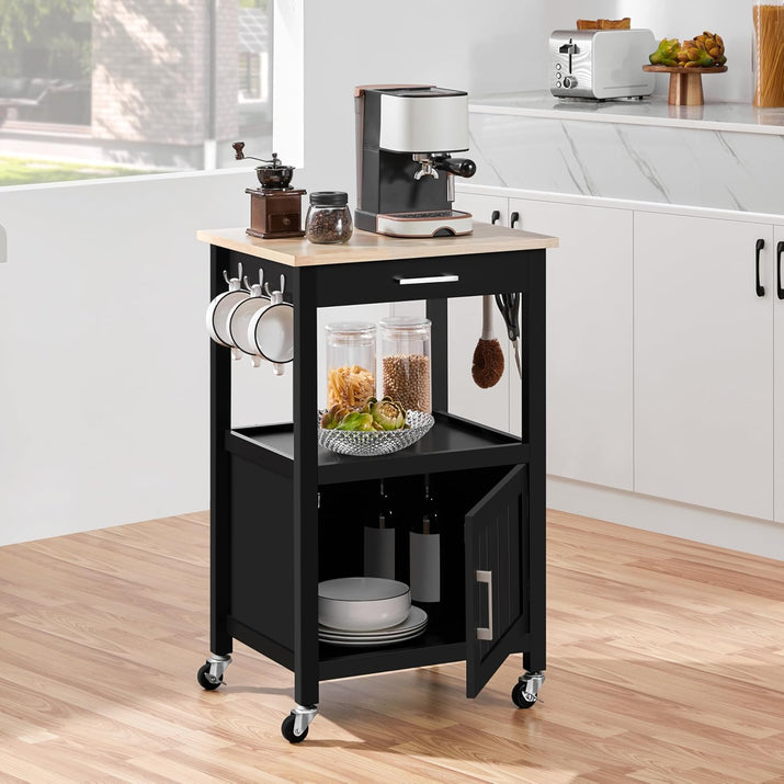 Kitchen Island Cart with Storage, Rolling Kitchen Island on Wheels with 6 Side Hooks, Wood Top Microwave Cart with Drawer for Dining Room, Black