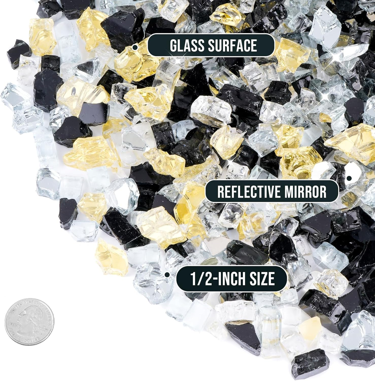 10-Pound Blended Fire Glass for Fire Pit Fireplace Landscaping - 1/2 Inch Reflective Tempered Fireglass Onyx Black, Platinum, Gold