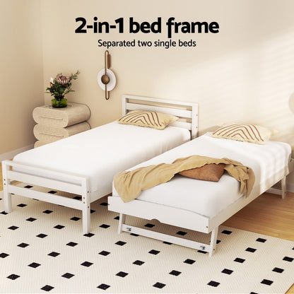 Artiss Bed Frame 2X Single Size 2-In-1 Trundle Wooden Mattress Base White AVIS