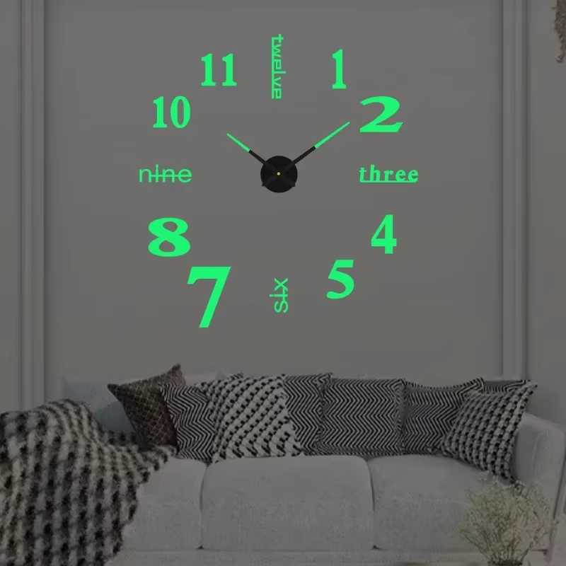 3D Wall Clock Luminous Frameless Wall Clocks DIY Digital Clock Stickers Silent Clock for Home Living Room Decor