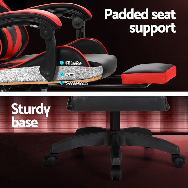 Artiss Massage Gaming Chair 6 Point 7 LED Office Chairs Leather Footrest Red