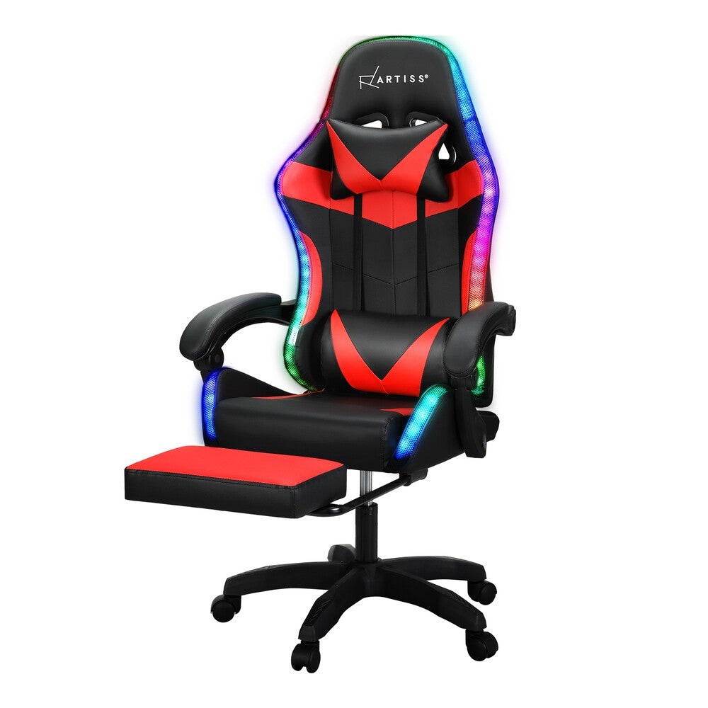 Artiss Massage Gaming Chair 6 Point 7 LED Office Chairs Leather Footrest Red